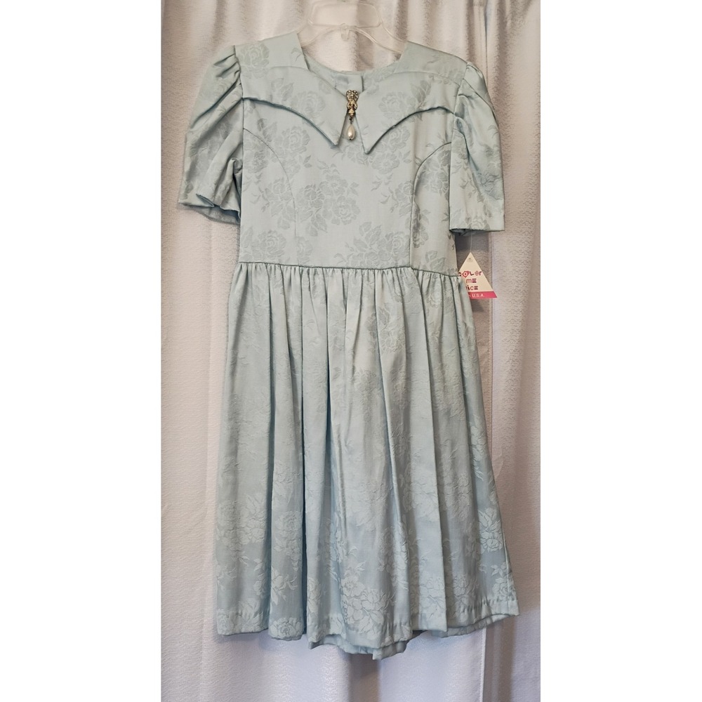 Vintage Color Me Nice Light Blue Floral Tapestry Dress Girls Sz 12 Sunday Best